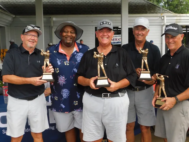 A team displaying their golf tournament awards at COMEC’s 2026 golf tournament